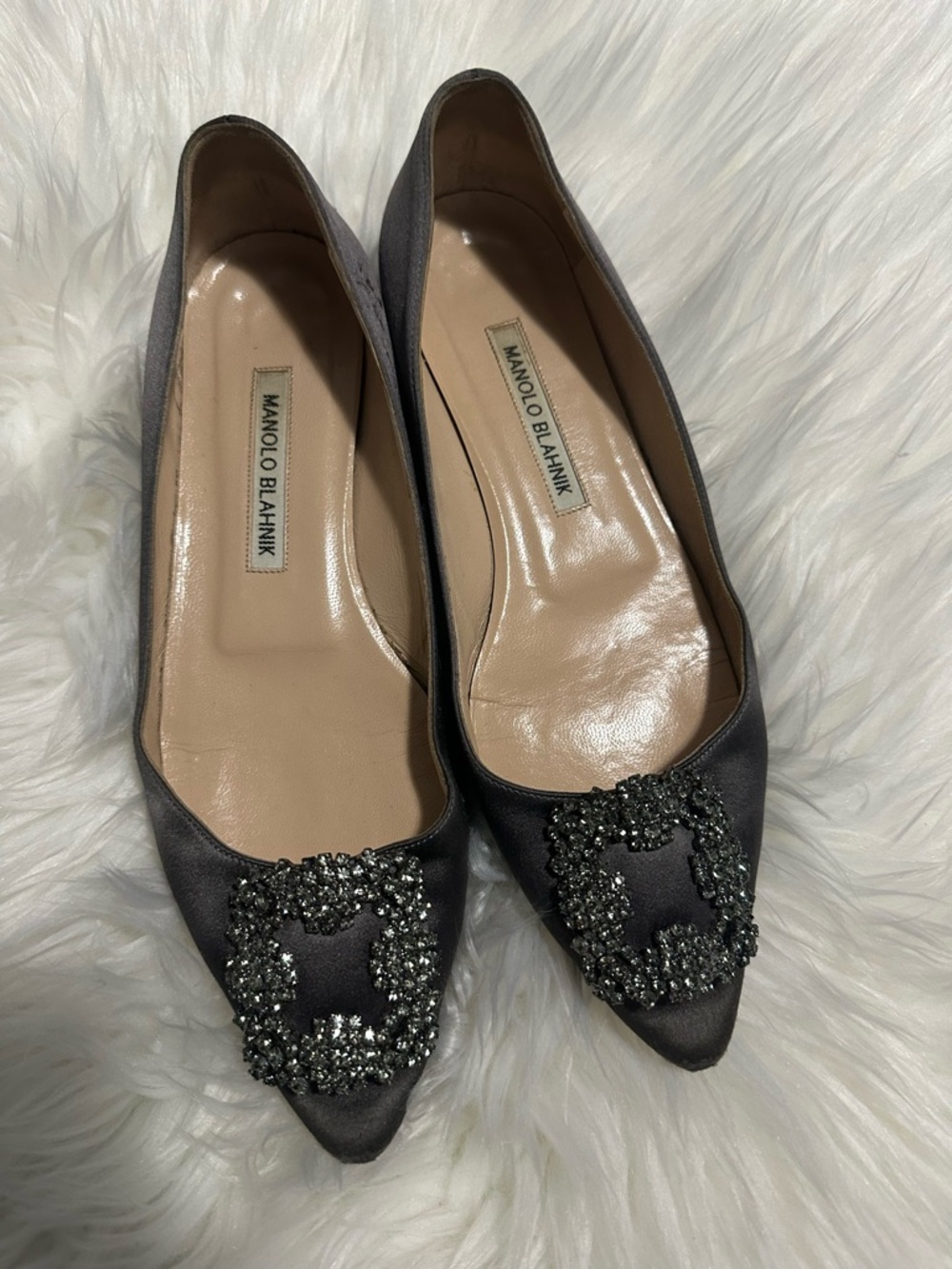 Manolo Blahnik Grey Satin Pointed-Toe Flats with Crystal Embellished Buckles 37